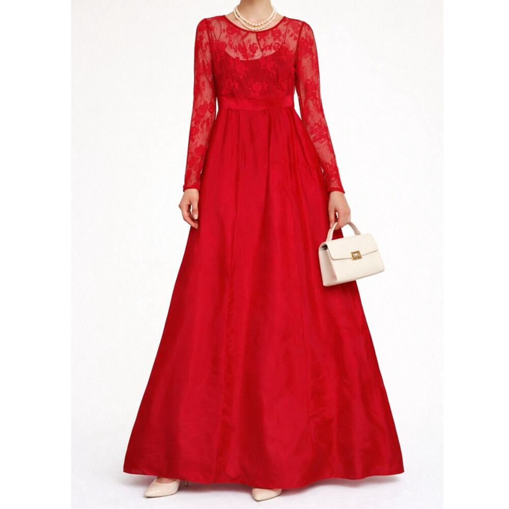 Kay Unger Red Lace Silk Ball Gown Long Sleeve Formal Maxi Dress Size 10 MOB